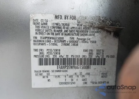 2010 Ford Taurus Sel из США, поврежденный, VIN 1FAHP2EW9AG150081